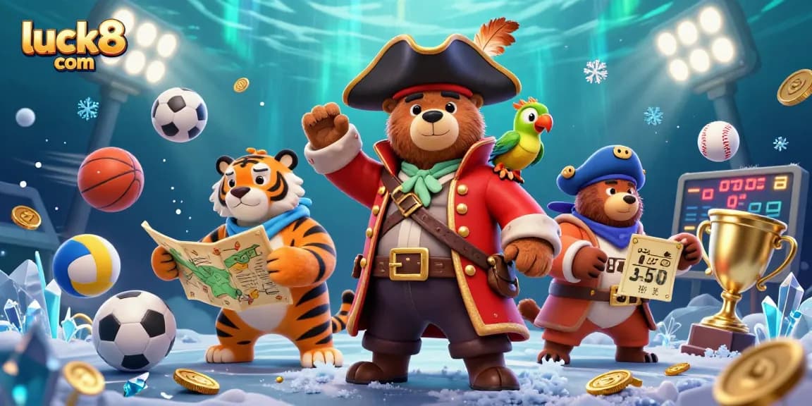 Join the excitement at luck8 com with this dynamic 3D casino illustration featuring a pirate captain bear and a tiger amidst flying sports balls.