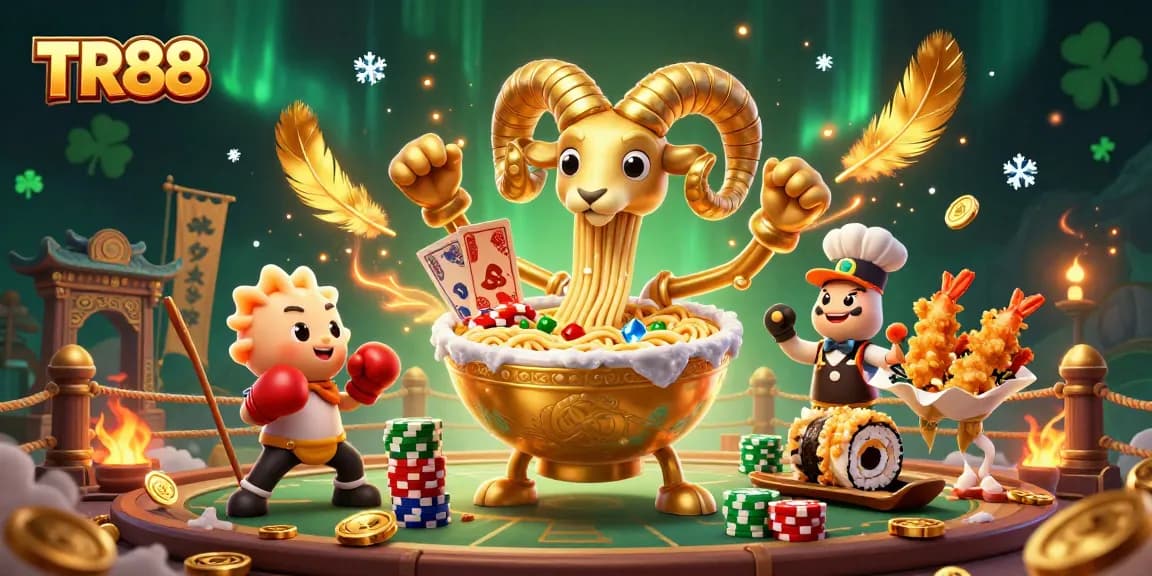 Experience thrilling action at TR88 with a giant ramen bowl dealer surrounded by dynamic casino elements.