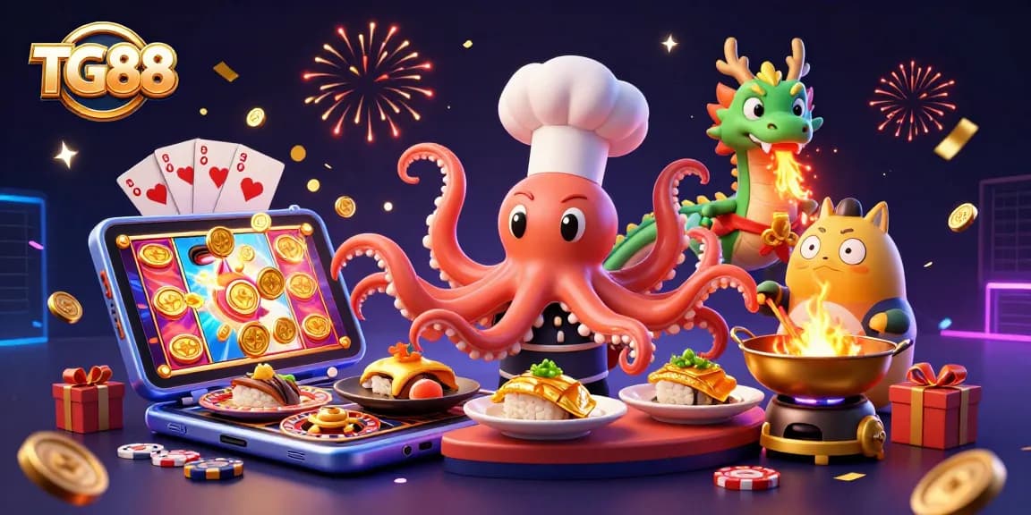 Win big with TG88 as colorful slot games and a sushi-themed scene burst with excitement