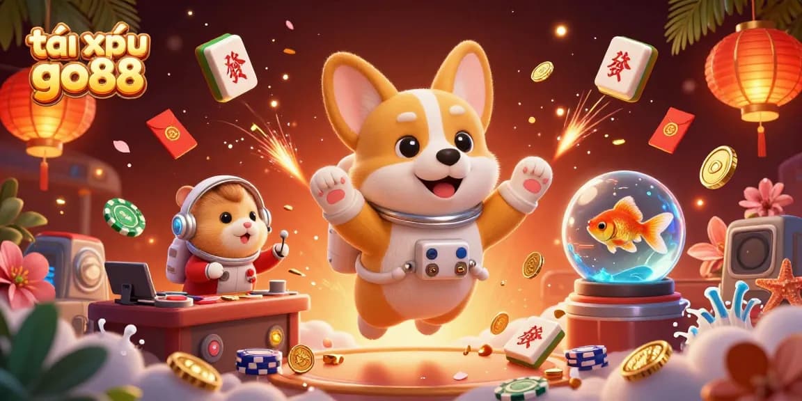 Experience the excitement of tài xỉu go88 through immersive 3D visuals, featuring floating corgi and vibrant casino elements.