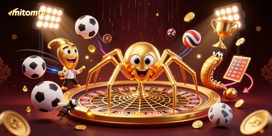 Wager at mitomtv with a golden web roulette, dynamic sports elements, and engaging characters.
