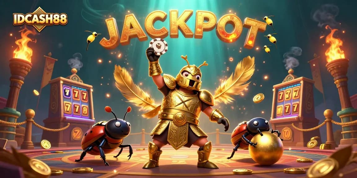 IDCASH88 celebrates victory with a 3D beetle in golden armor and vibrant slots background.