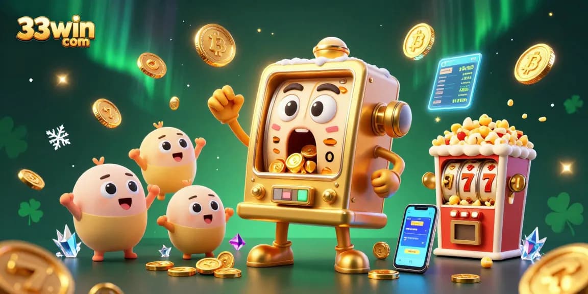 Spin the reels at 33win com with a golden slot machine winning big amidst dynamic casino-themed visuals.