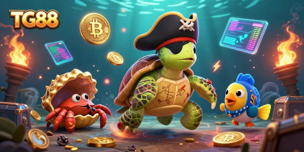 Engage with TG88's vibrant casino scene, showcasing a pirate turtle alongside crypto coins and treasure.