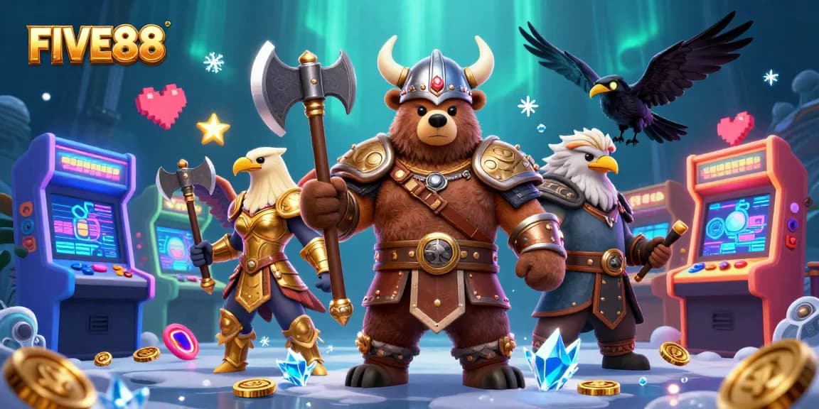 Engage with FIVE88's dynamic Viking-themed 3D casino experience featuring interactive gaming elements.