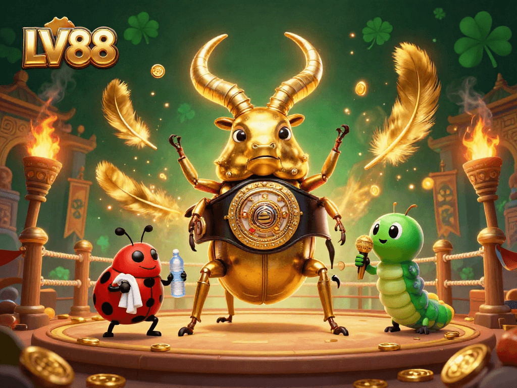 Engage with LV88's vibrant 3D casino scene showcasing a boxing beetle, ladybug corner-man, and epic elements.