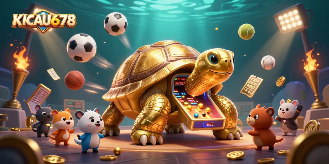 KICAU678 offers an exciting gaming experience with a dynamic scene of a golden tortoise pinball machine and sports elements