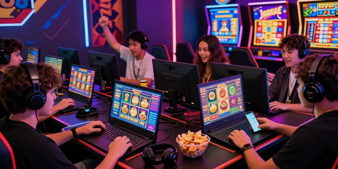 Players enjoying slot gacor games online with colorful graphics and a lively atmosphere.