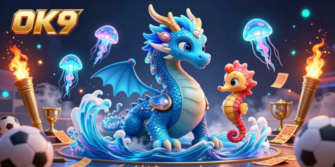 Experience thrilling sports betting at OK9 with dazzling dragon and knight in a vibrant underwater scene.