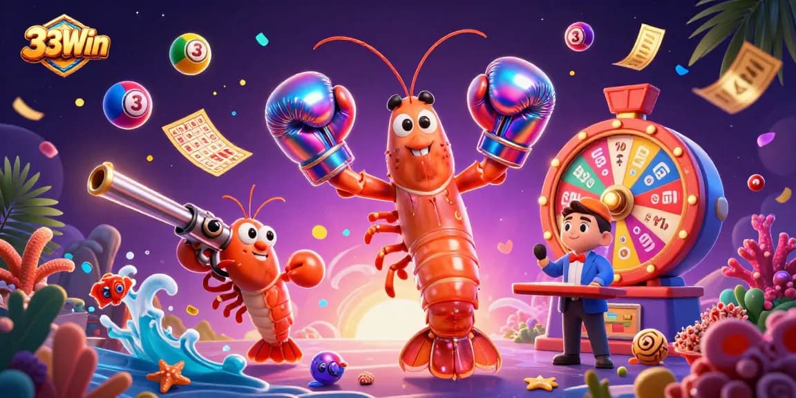 Engage with the vibrant 33Win gaming scene featuring dynamic lottery elements and colorful characters.
