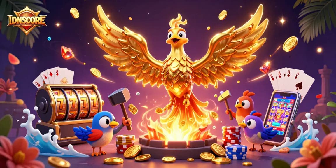 Experience winning with IDNSCORE's golden phoenix emerging from molten metal, surrounded by slot excitement.