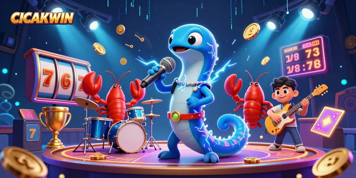 CICAKWIN showcases electric eel DJ with vibrant slot reels and lively casino atmosphere.