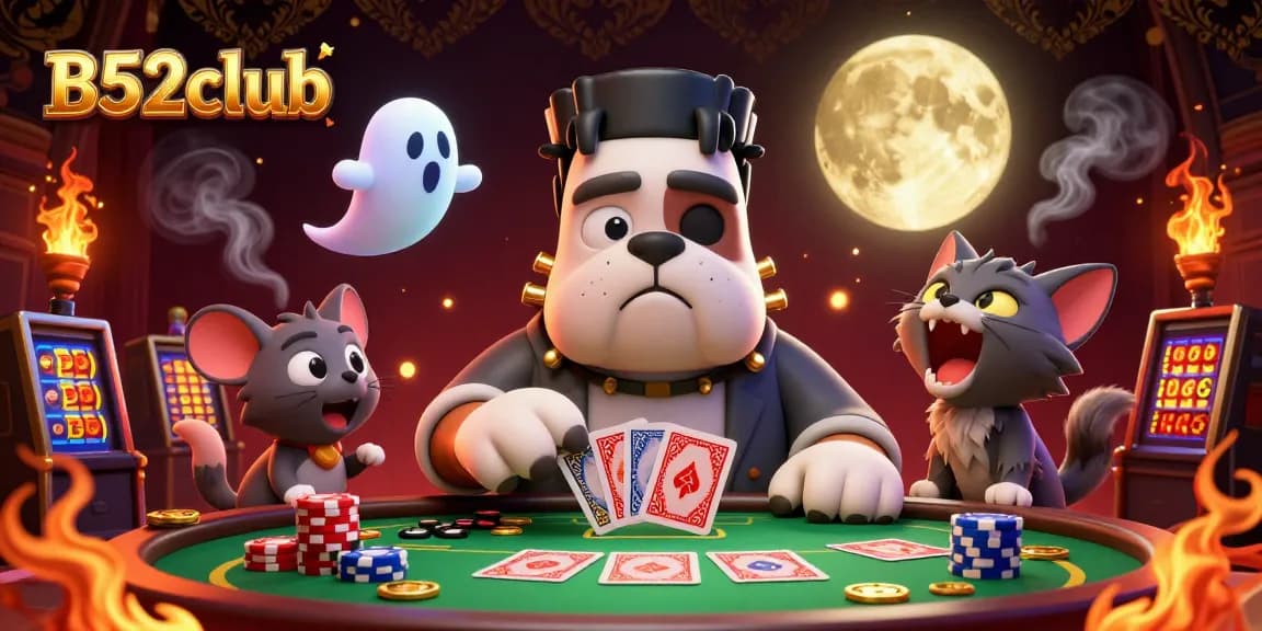B52club gaming scene featuring a Frankenstein bulldog dealing cards at a haunted table with casino tokens.
