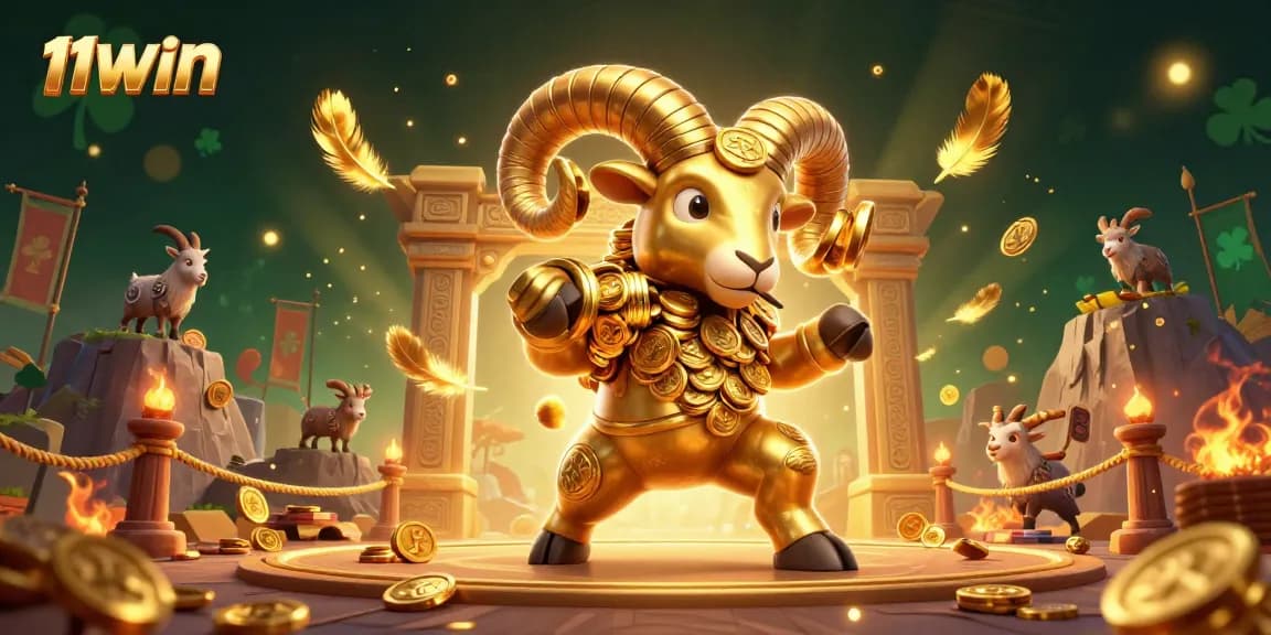 Experience thrilling action at 11WIN as the golden ram heads toward victory amidst vibrant casino elements.