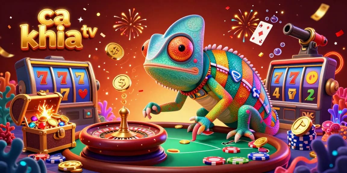 Experience ca khia tv with vibrant casino-themed artwork featuring a colorful chameleon and gold coins.