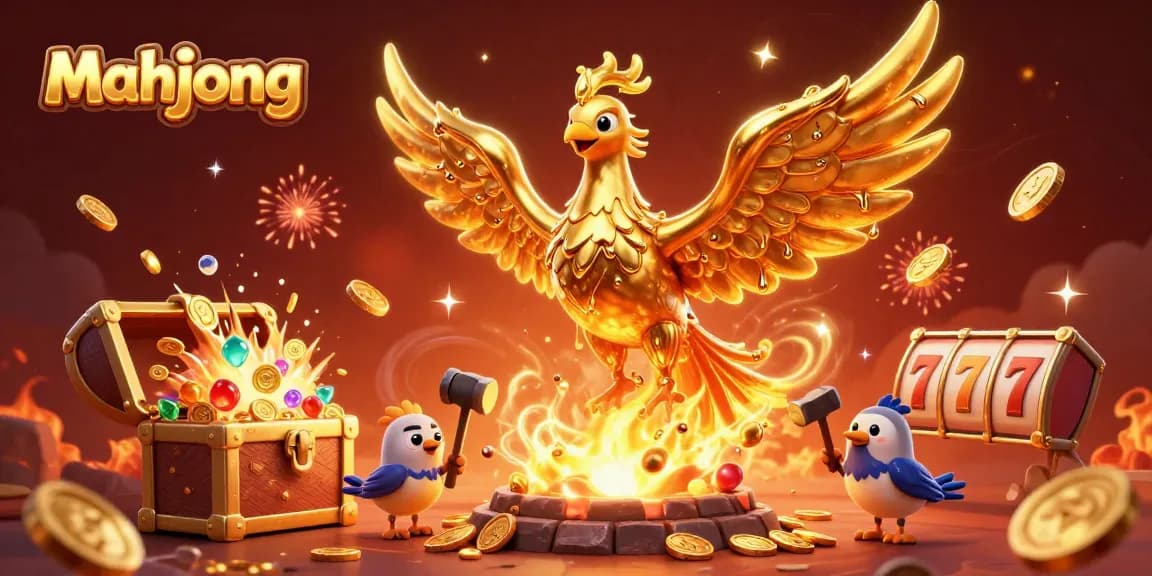 Win jackpots in mahjong slots with a molten golden phoenix and vibrant treasures in a stunning 3D scene.