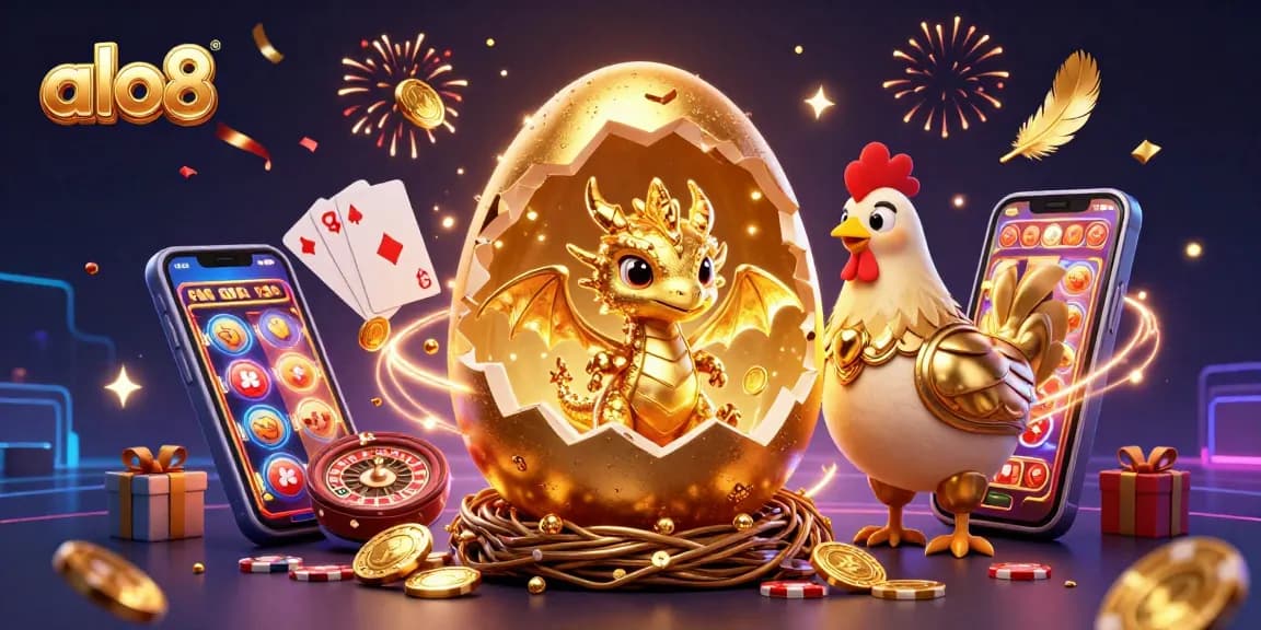 Experience thrilling action at alo8 with a golden baby dragon emerging from a sparkling nest of poker chips amidst casino excitement.