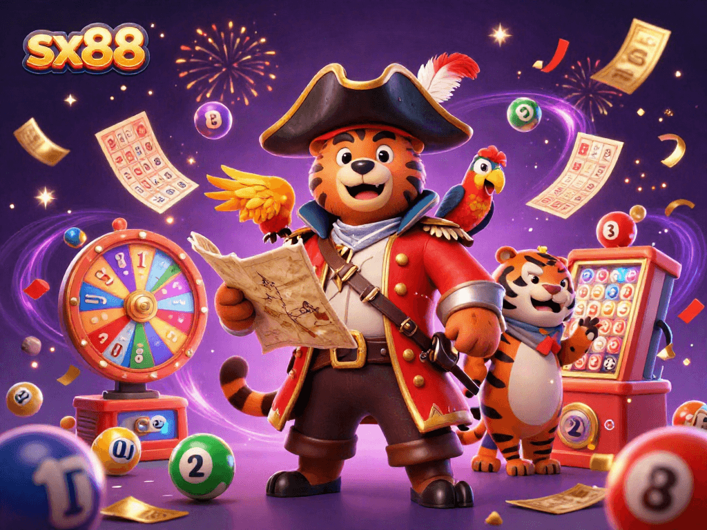 Experience the thrill of sx88 with vibrant lottery elements in a rich, cartoon pirate scene.