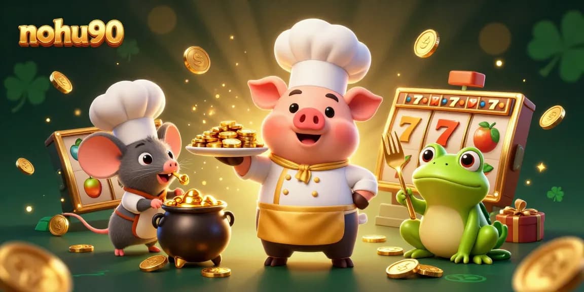 Nohu90 showcases a vibrant 3D casino scene with animated characters serving gold coins amid slots.