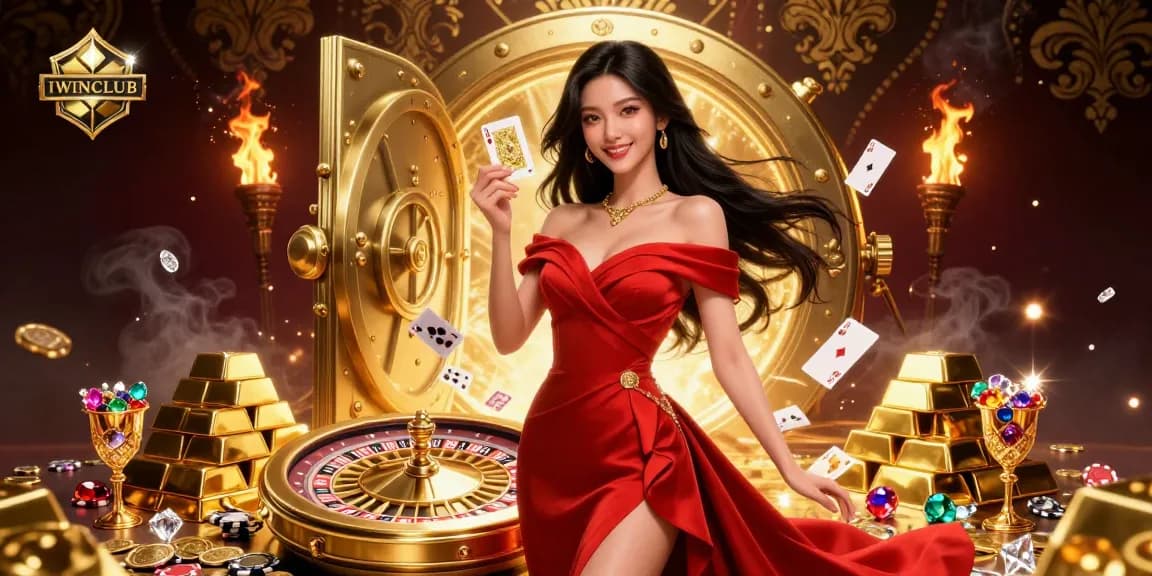IWINCLUB offers an exciting gaming experience featuring a stunning dealer, golden roulette wheel, and vibrant casino elements.