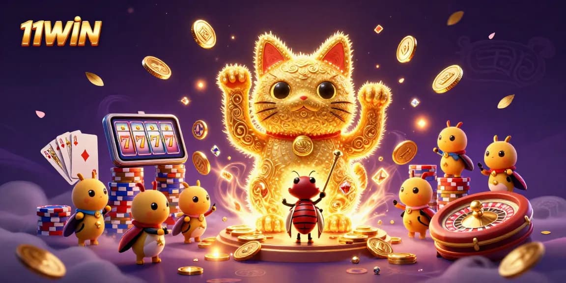Engage with the exciting world of 11WIN, featuring a vibrant lucky cat and casino symbols.
