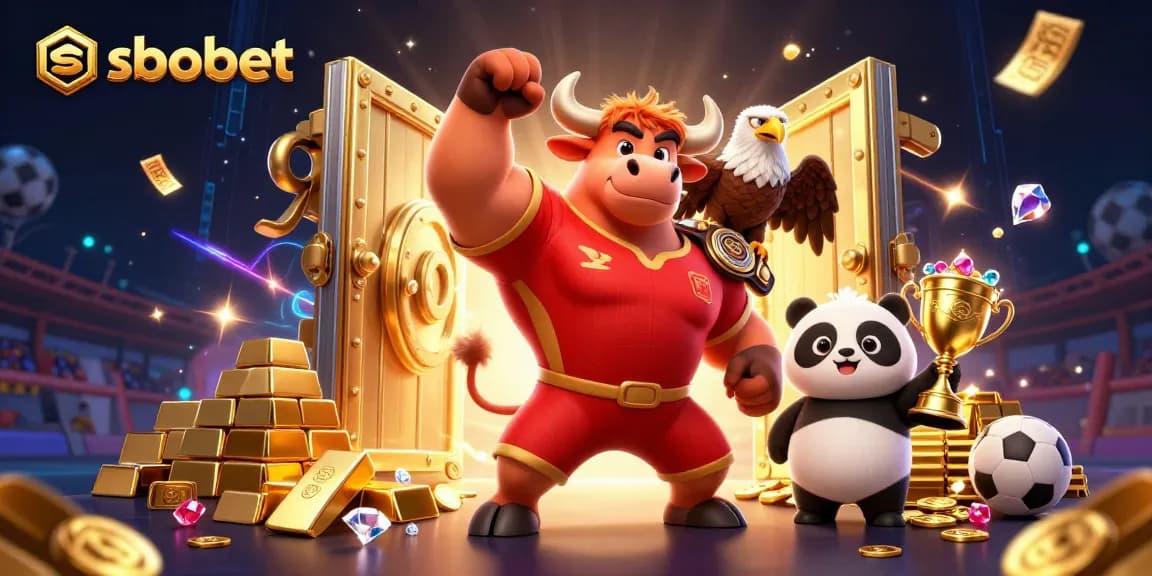 Bet on sbobet and celebrate victories with the muscular bull mascot, eagle, and panda in a vibrant casino scene.