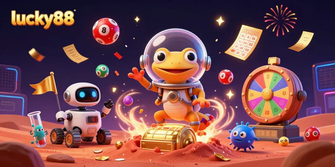 Witness lucky88's Martian gecko uncover a golden casino in a vibrant lottery scene.