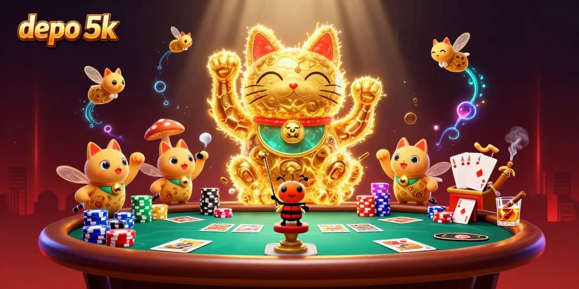Win big in depo 5k gaming with a colorful casino scene featuring a giant lucky cat and poker elements.