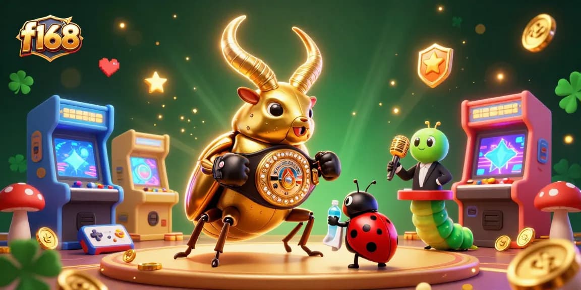 Engage with f168's vibrant gaming world filled with a giant beetle champion and excited elements.