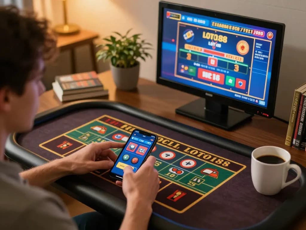 LOTO188 player betting on mobile app in a cozy home setting, showcasing smart gambling strategies.