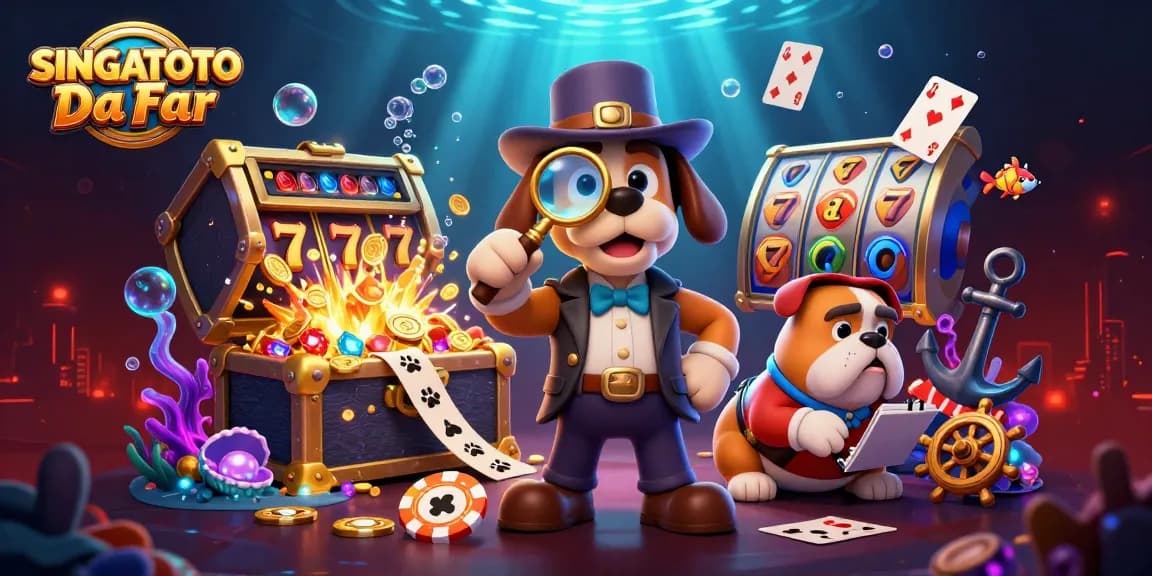 Memenangkan jackpot di SINGATOTO Daftar dengan gulungan slot dan karakter detektif yang lucu.