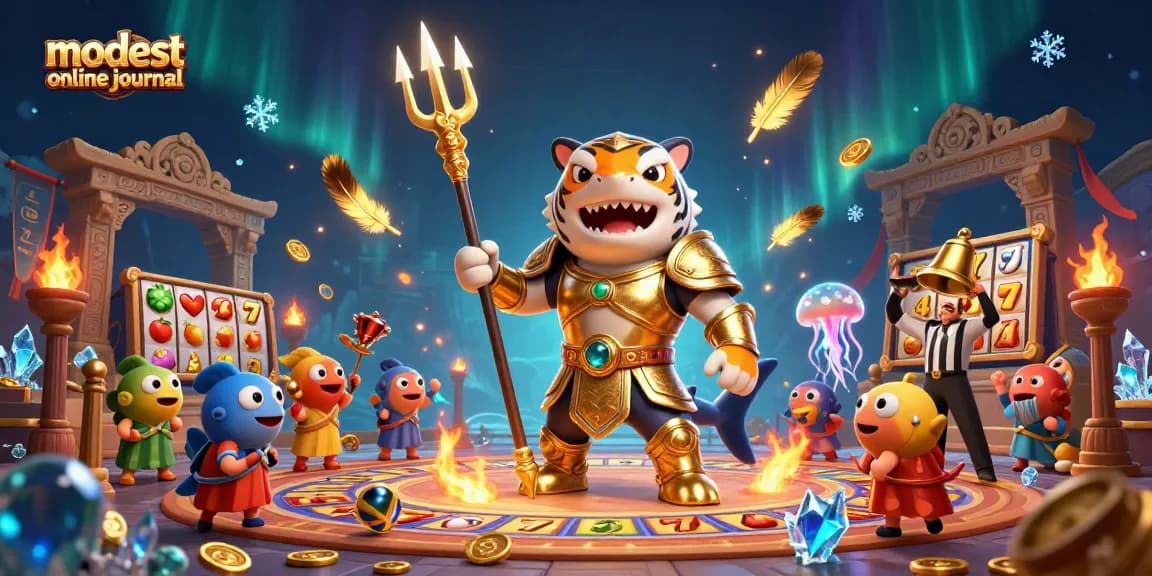 The vibrant scene features the modest online journal's unique casino-themed 3D illustration with a tiger shark warrior and slot machines.