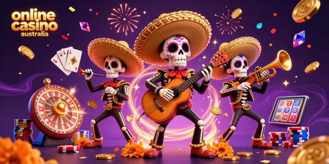Experience the thrill of online casino Australia with a vibrant mariachi band in a dynamic 3D scene.