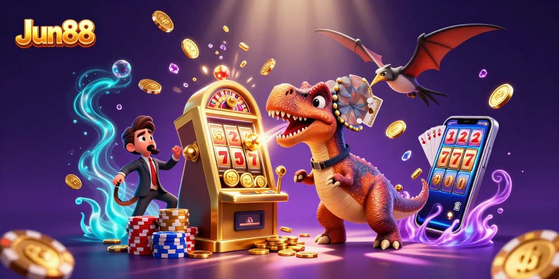Jun88 slot machine antics with dinosaurs celebrating jackpot wins alongside flying coins.