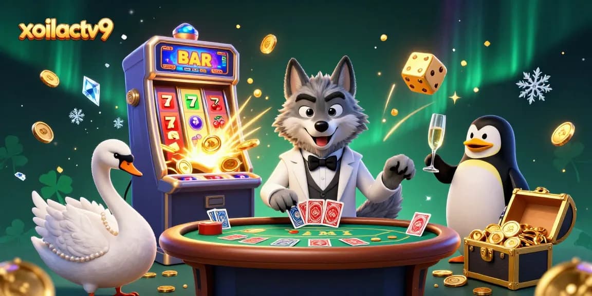 Experience the excitement of xoilactv9 with a vibrant 3D casino scene featuring characters and game elements.