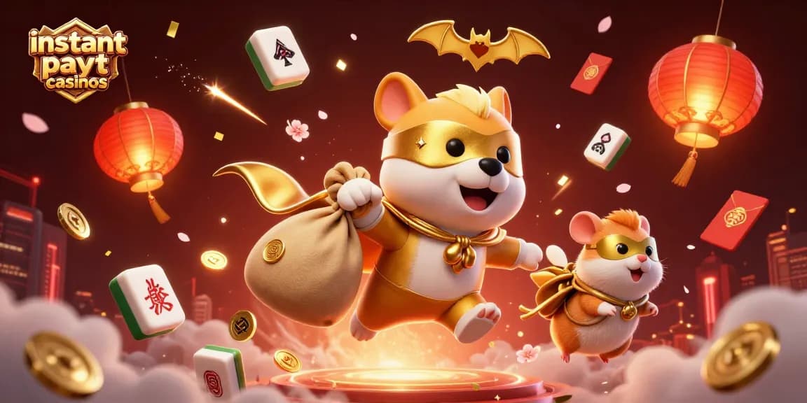 Engage with instant payout casinos featuring a superhero dog and hamster in a lively casino scene.