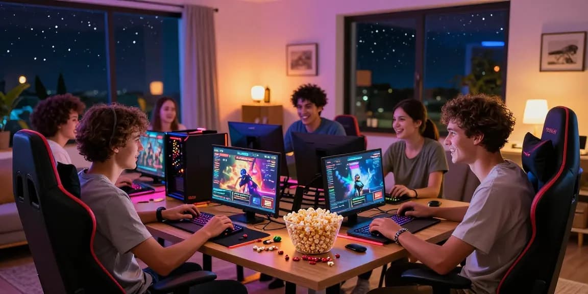 Engaging gaming night with friends enjoying non gamstop casinos on devices, cozy atmosphere, and snacks.