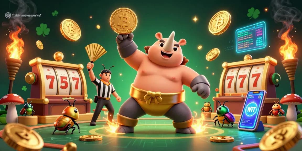 Win big with fishersupermarket slots featuring 3D characters amidst dynamic coins and gaming elements.
