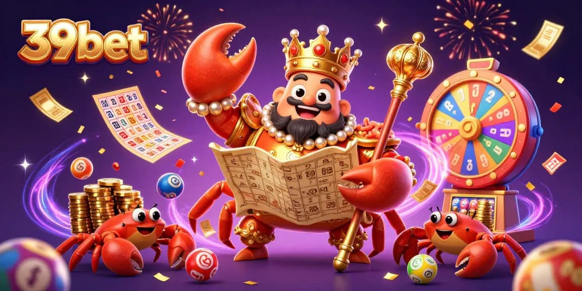 Engage with 39bet's vibrant gambling scene featuring a golden crab emperor and festive lottery elements.