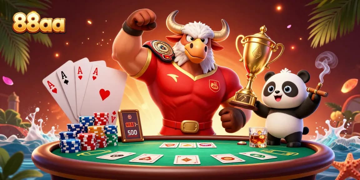 Engage in thrilling poker action with 88aa's vibrant casino scene featuring bold characters and game elements.