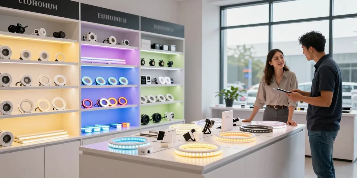 Banda LED de calitate premium expusă într-un magazin modern, cu lumini colorate și un client examinând produsele.