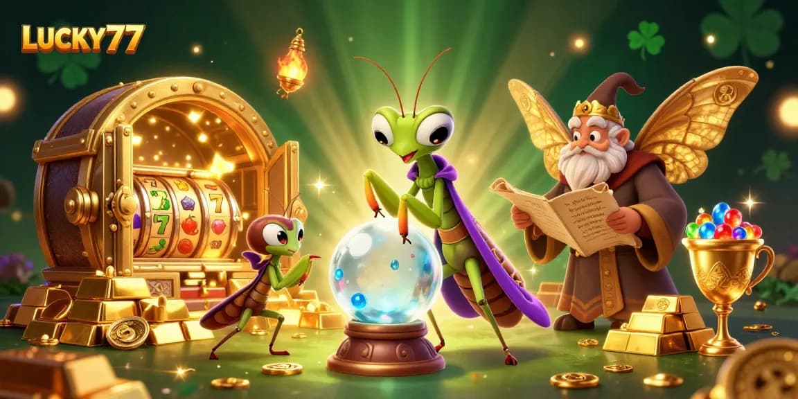LUCKY77 unleashes fortune with a praying mantis fortune teller and golden treasures in a vibrant casino