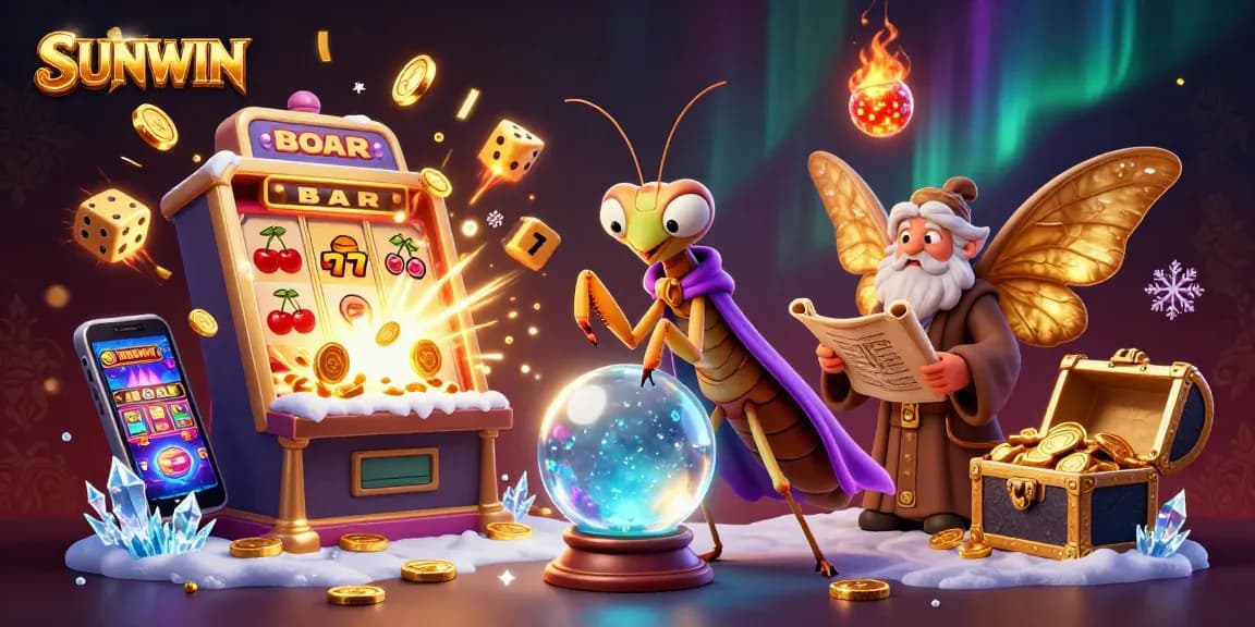 SUNWIN presents a vibrant 3D casino scene with animated characters interacting near a bursting slot machine.