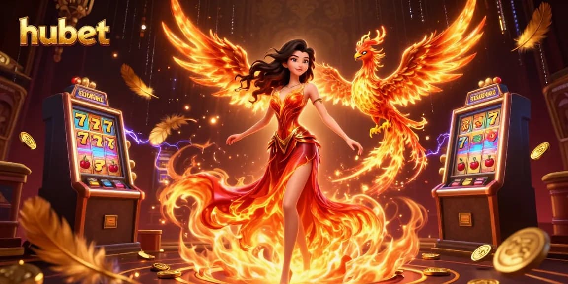 Unleash excitement at hubet with stunning visuals of a fiery casino lady and vibrant slot machines.