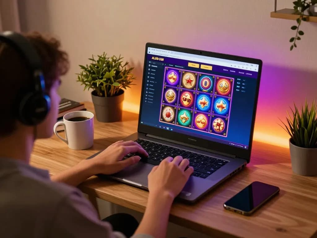 Engaging in online gaming on ALO8 COM with a laptop in a cozy home setting