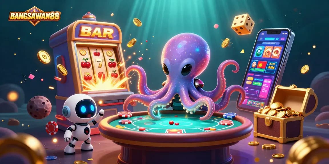 BANGSAWAN88 showcases a vibrant scene with an alien octopus at a poker table amid a jackpot explosion in a cosmic casino.