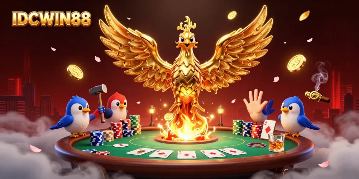 Experience the excitement with IDCWIN88's dynamic poker scene featuring a golden phoenix amidst coins and casino elements.