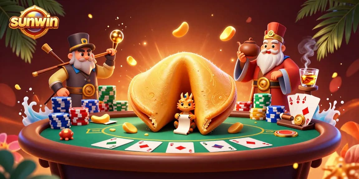 Play exciting casino games like sunwin while enjoying the vibrant, rich 3D illustration of a giant fortune cookie and poker elements.