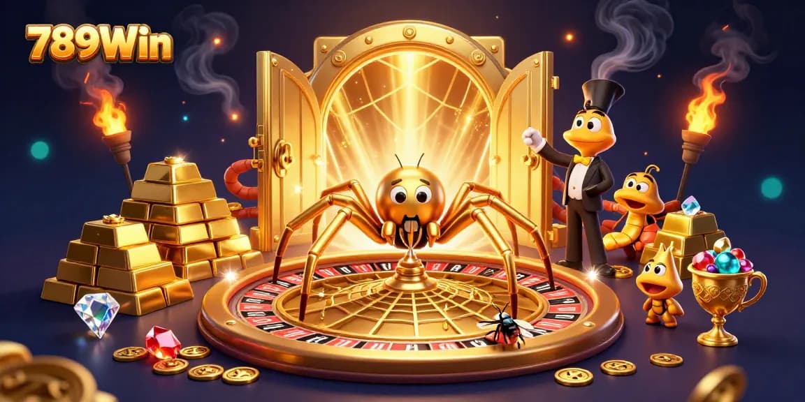 Experience the thrill of 789Win with a spider and croupier in an exciting casino scene.