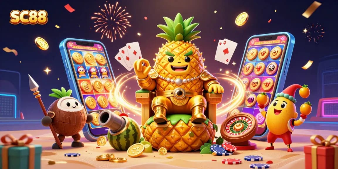 Feel the excitement of SC88 at this vibrant beach casino scene with colorful gaming elements.
